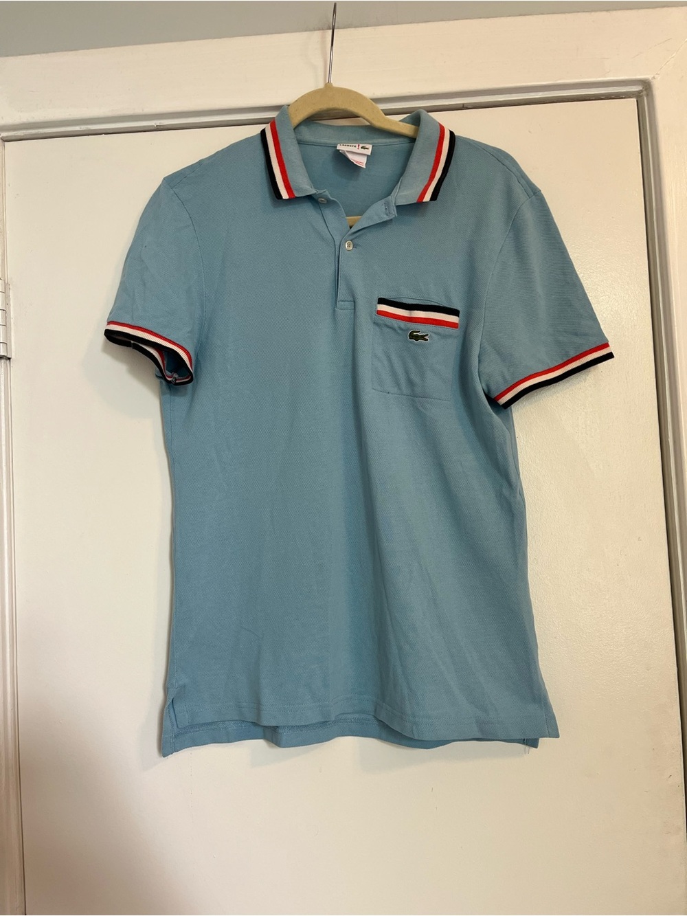 Lacoste Light Blue Polo with pink Red White Navy Trim vintage USED size 4 medium
